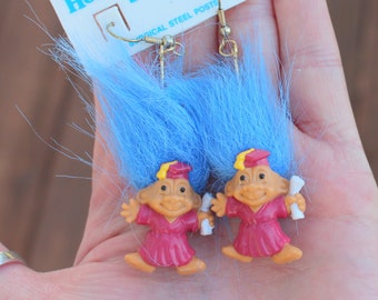 NOS Vintage TROLLS Doll Earrings...collectible. troll. 1980s. 1990s. kitsch. retro. hippie troll. graduation troll. blue hair troll earrings