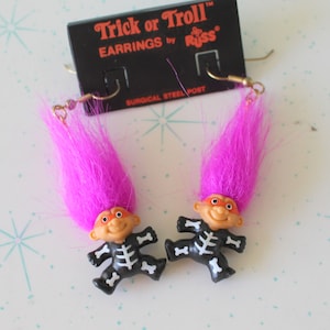 NOS Vintage TROLLS Earrings...skeleton troll. collectible. troll. 1980s. 1990s. kitsch. retro. hippie troll. halloween troll. troll earrings
