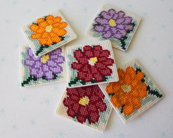 Vintage Set of 6 Floral COASTERS.......kitschy. drink. retro home. gift. housewarming. mod home. 1970s home. red. yellow. purple. yarn. knit