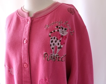 Vintage Cat Sweatshirt: Pink Cotton, Size Large