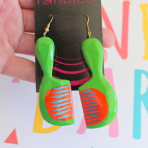 1980s HAIRBRUSH Earrings.kitsch. retro. new old stock. jewelry. kitschy charms. costume party. novelty. cute. kawaii. kooky. colorful. artsy
