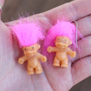 Vintage Pink Hair Troll Doll Earrings: 1980s-90s Kitsch