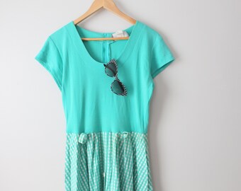 1980s Teal Striped Dress with Pockets, Made in USA