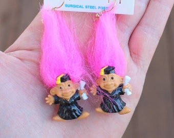 NOS Vintage TROLLS Doll Earrings...collectible. troll. 1980s. 1990s. kitsch. retro. hippie troll. graduation troll. pink hair troll earrings