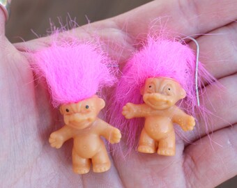 NOS Vintage TROLLS Doll Earrings...collectible. troll. 1980s. 1990s. kitsch. retro. hippie troll. happy birthday. pink hair troll earrings