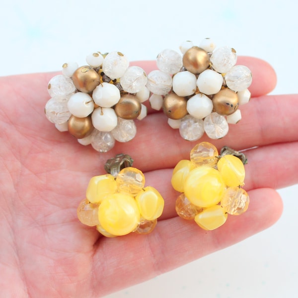 1960s FLORAL Mid Century Beaded Granny Earrings Set...retro accessories. killer. rad. wedding. clip ons. flower. yellow. white. gold. bride