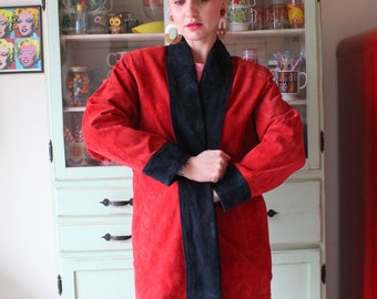 1980s RED Black LEATHER Coat Jacket.....unisex. mens. retro. designer vintage. 1980s. 1990s. rad. womens. long jacket. red coat. leather