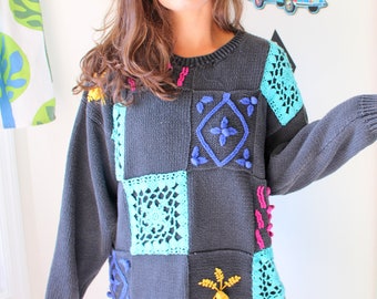 SALE--1980s Geometric Patchwork Sweater - Oversized Retro Knit