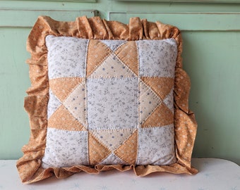 1980s Vintage Ruffled Floral Throw Pillow: Creamy Orange Kitsch Decor