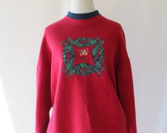 1980s Festive Patchwork Winter Sweatshirt....1980s sweater. rad. fun. holiday. cozy. grandma sweatshirt. country print sweatshirt.