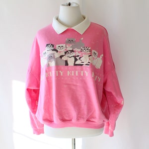 1980s Vintage Pink Cat Sweatshirt: Kitsch Kitty Collar