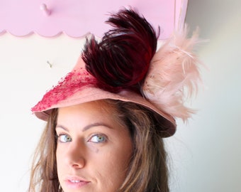 Vintage Feathered Pink Wool Hat: 1980s-90s Church Fedora