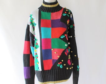 Vintage Funky Rainbow CHRISTMAS SWEATER......large. kitsch. retro. holly. kawaii. graphic. novelty. holiday. tacky. tree. artsy. color block