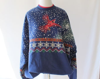 1980s Vintage CHRISTMAS Snowflake Red Bird Santa Holiday Sweatshirt...xxlarge. red. blue. ugly christmas sweater. cute. kitsch. snow. winter