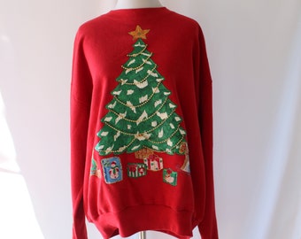 Vintage CHRISTMAS Tree Gifts Jingle Bell Santa Holiday Sweatshirt.....xlarge. red. ugly christmas sweater. cute. kitsch. funny. one size