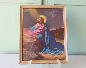 1960s Vintage Jesus Picture: Golden Glass Frame, Religious Home Decor