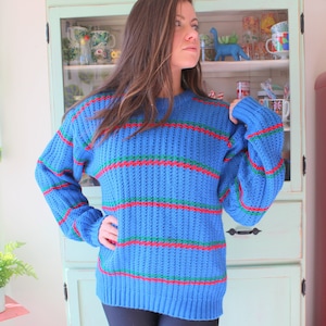 1990s Oversized Striped Sweater: Blue Retro Pullover (XLarge)