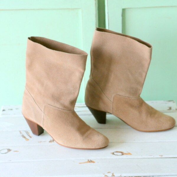 1980s Vintage BOOTS.size 6.5 womens.leather boots. calf boots. costume. hipster. boho. brown boots. retro. designer. indie. aztec. tan