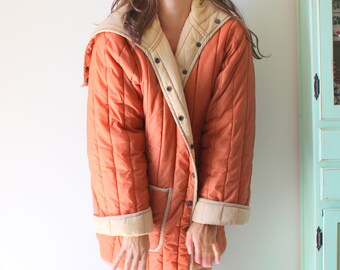 winter designer hippie urban orange 1970s Vintage Retro Hooded Coat....swishy tan rocker fashion 70s hipster 60s fall fancy