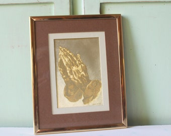 1960s Vintage Jesus Picture: Golden Praying Hands, Glass Frame
