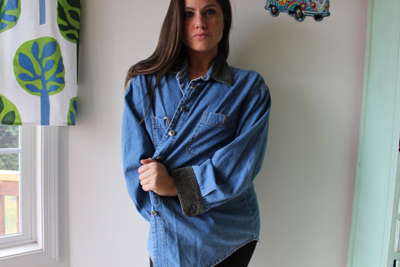 acid wash vintage denim summer top 1980s 1990s BLUE JEAN Button Down....size large womens...kitsch hippie unisex boho urban hipster