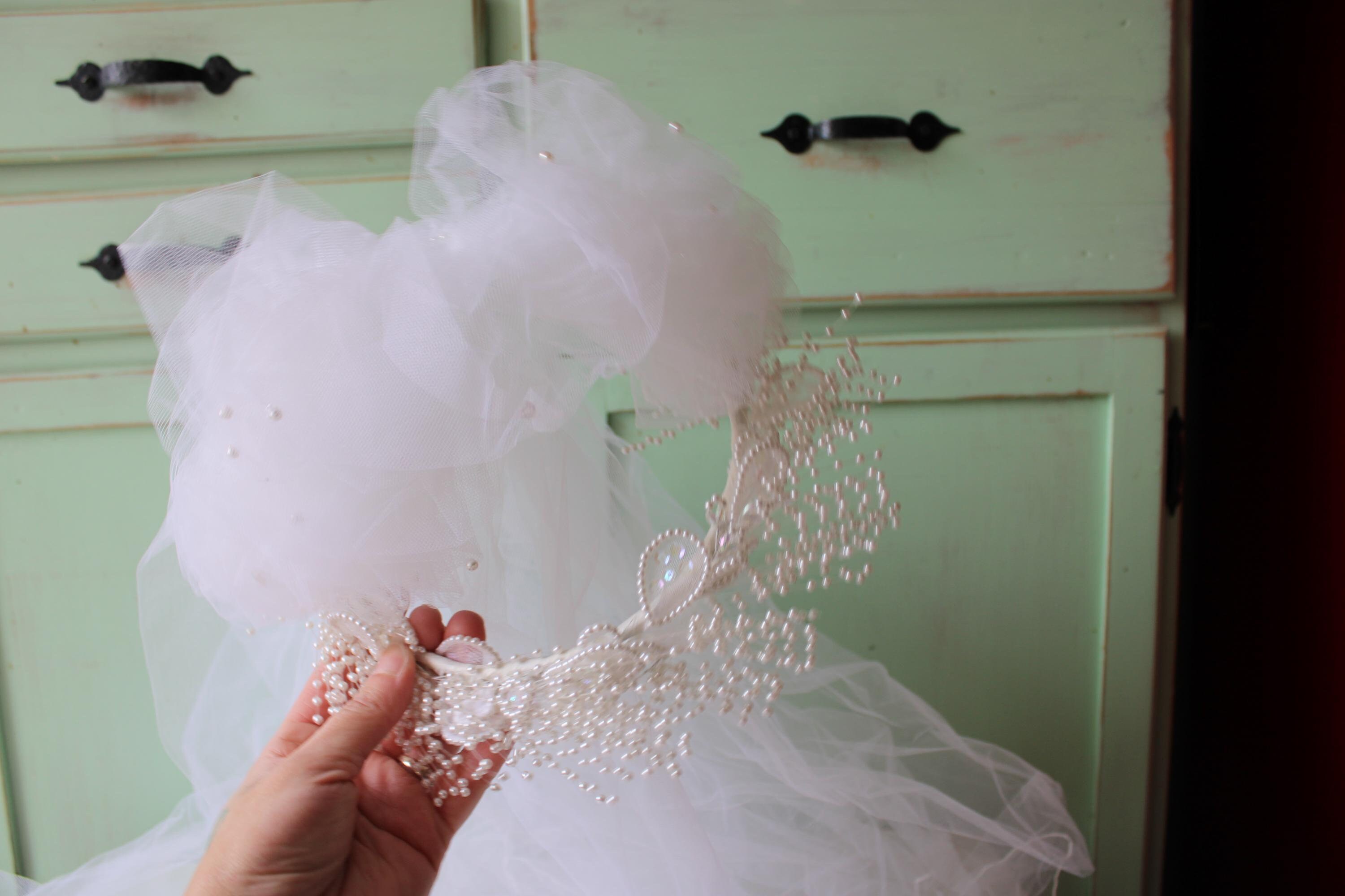 Vintage 1980 Ivory Tulle Bridal Headpiece with Embellished Headband White Bridal Head Bandeau 1920s Style, Retro, Deco, Great  main image 4