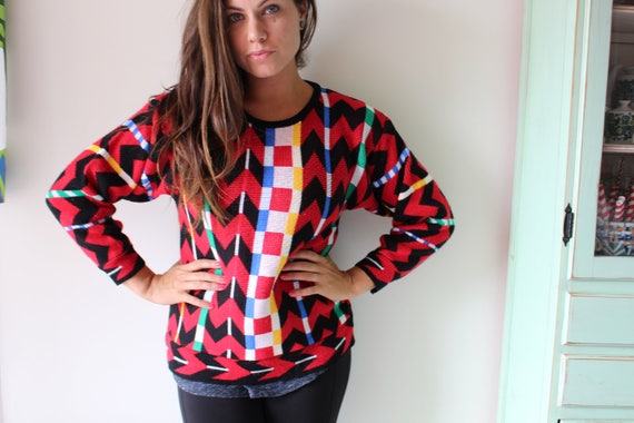 1980s Red Yellow Black Green Geometric Sweater...… - image 2