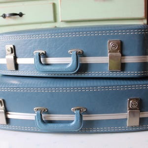 Vintage 1970s Blue Suitcase Set: Retro Travel Luggage Decor