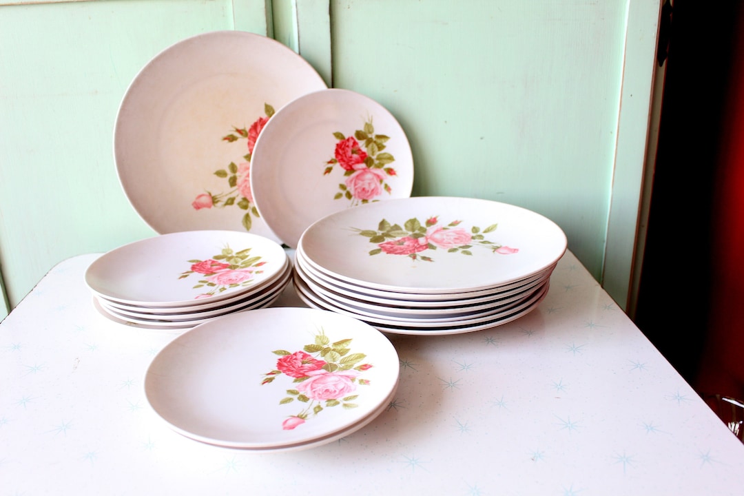 Vintage Rose Garden Plastic Plate Set - Retro Kitchen Decor - Etsy