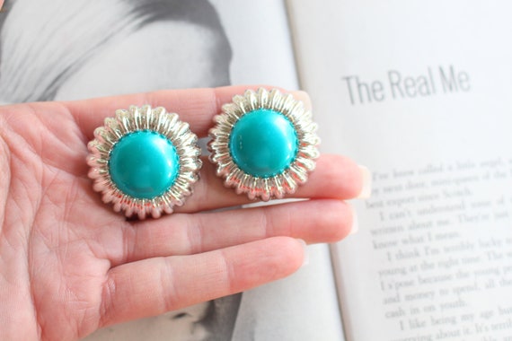 1980s BLUE Teal GLAM Clip On Earrings....retro. c… - image 1