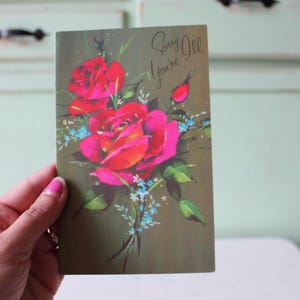 Carte de voeux florale vintage du milieu du siècle des années 1960 des années 1970... nouveau vieux stock. objet de collection. roses. cadeau. rétro. rétablissez-vous bientôt. floral. désolé tu es malade