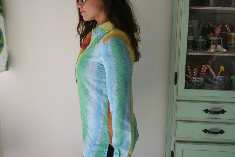 summer hipster 1970s RAINBOW Swirl Retro Collared Shirt...kitsch rainbow colorful urban hippie 70s clothing twiggy 1970s boho top