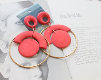 1980s Red Geometric Earrings: Kitsch Glam NOS