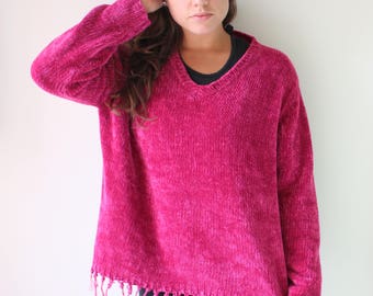 Vintage PINK Fancy Chic Sweater....size medium large... free size. hippie. costume. boho. pink. spring. knit. retro. mod. dark pink top.