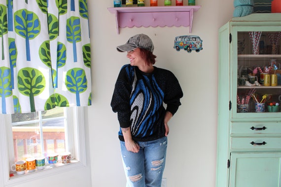 1980s Geometric Acrylic Sweater: Blue Retro Party… - image 2