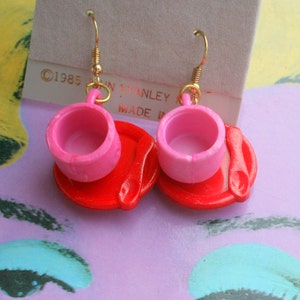 1985 TEA CUP Earrings...kitsch. retro. earrings. new old stock. jewelry. kitschy charms. tea party. novelty. cute. kawaii. kooky. colorful