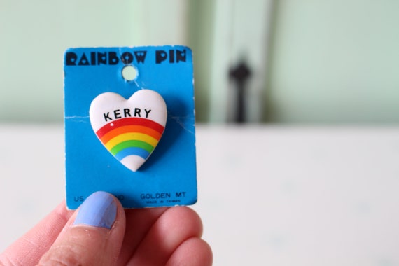 1980s RAINBOW Name Button Pin....heart. rainbow b… - image 3