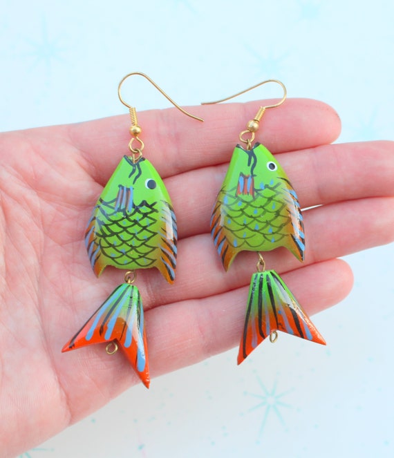 Vintage Colorful FISH Earrings..pierced ears ocean dangly retro fish jewelry fish in the sea animal lover colorful sea life kawaii