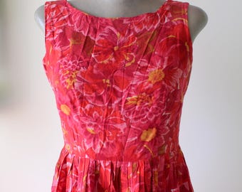 1980s Vintage GARDEN PARTY Sleeveless Day Dress..size small....red. pink. mod. novelty print. floral. retro. ruffled. designer vintage.