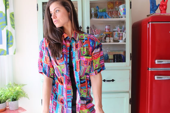 Vintage 80s Silk Blouse: Rainbow Abstract Print, … - image 7