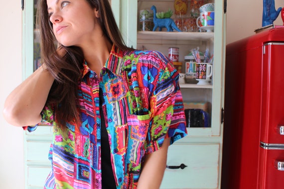 Vintage 80s Silk Blouse: Rainbow Abstract Print, … - image 6