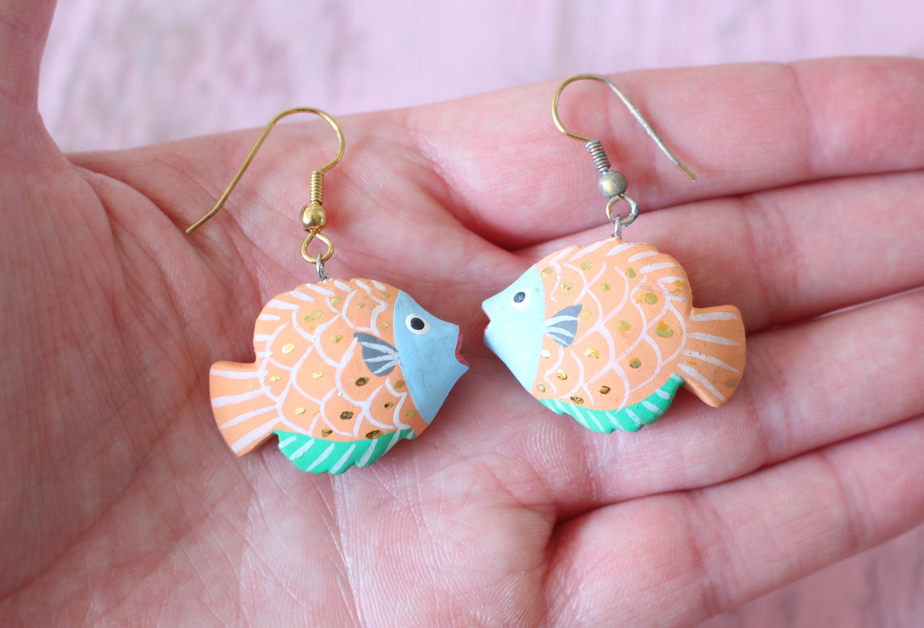Vintage Colorful FISH Earrings..pierced ears ocean dangly retro fish jewelry fish in  the sea animal lover colorful sea life kawaii