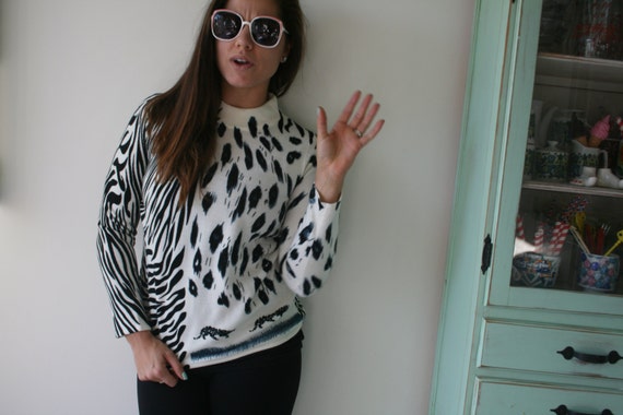 1980s ZEBRA Sweater...safari. jungle. black and w… - image 2