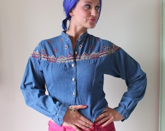 Vintage 90s Aztec Embroidered Denim Crop Jacket (Small)
