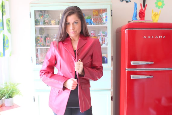 1980s RED LEATHER Coat Jacket...size medium large.