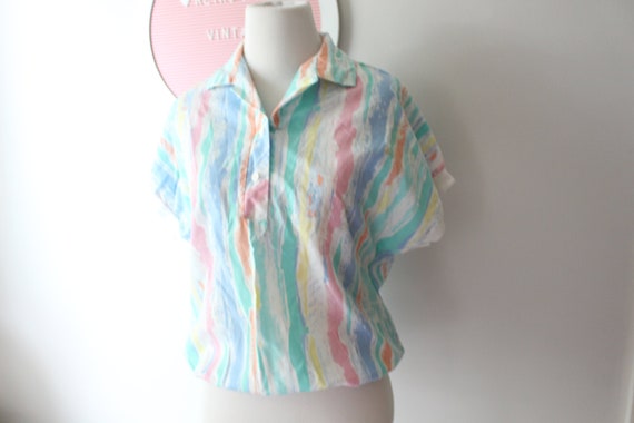 1980s Striped Cotton Blouse: Pastel Unicorn Colors, Retro Fun