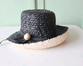 Vintage Mid Century Hat....black straw hat. church. granny. summer. spring. easter. ribbon. costume. 1950s hat. 1960s hat. black and white