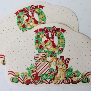 Vintage 80s Christmas Placemats: Green, Red, Kittens, Polka Dots