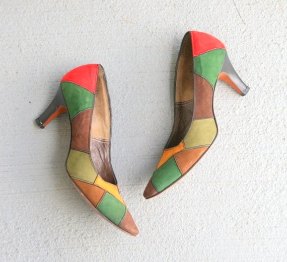 1960s PATCHWORK Heels...size 7 women...amazing. m… - image 1