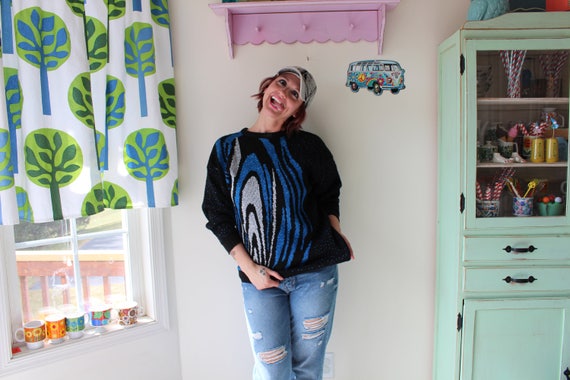 1980s Geometric Acrylic Sweater: Blue Retro Party… - image 3